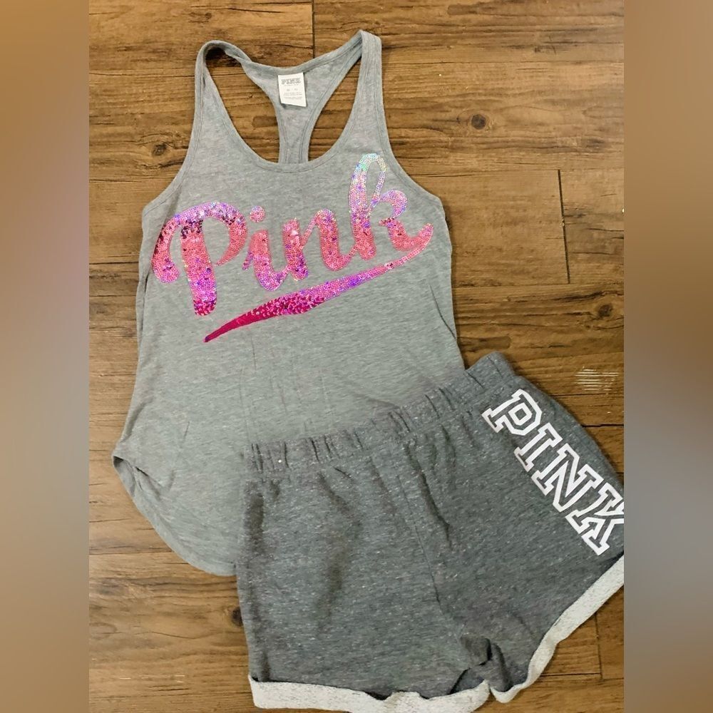 PINK VS OMBRÉ BLING LOGO TANK/ BOYFRIEND SHORTS OUTFIT SET XS - Picture 3 of 9